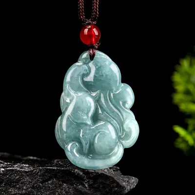 Natural Jade Blue Fox Pendant with Red Chain