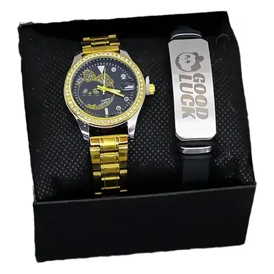 Women's Gold Quartz Watch with Smart Band & Earrings Set