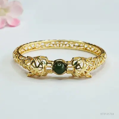 Guan Yu Jade Jasper Bracelet Gold Green Bead
