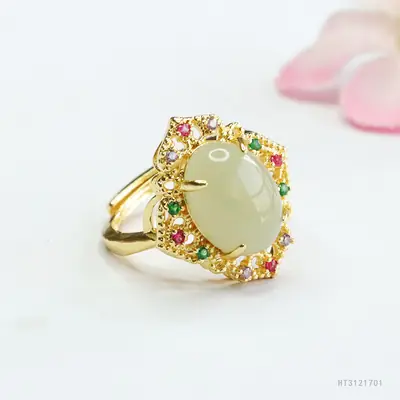 Guan Yu Jade Ring Clear Water Jade Gold Plated