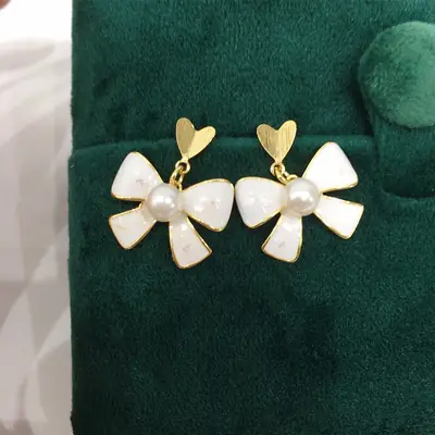 Women Heart Bow Pearl Earrings 18K Gold Filled
