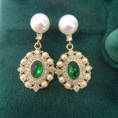 18K Gold Green Agate Pearl Earrings for Women