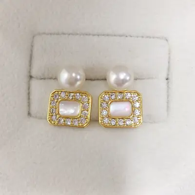Square Pearl Earrings 18K Gold with Sea Shell & Crystal