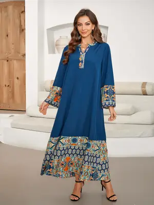 Cross-Border Model Photoshoot Hot-Selling Printed Patchwork Long V-Neck Elegant Mid-Length Sleeve Dress Cover-Up