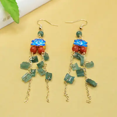 Aiyu Natural Jade Blue Water Earrings Enamel Blue Lotus Ear Hooks Ethnic Style Wholesale Dropshipping S3120909