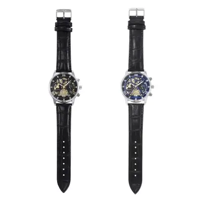 Men's Luxury Skeleton Watch with Blue Dial & Leather Strap