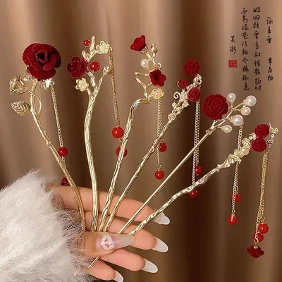 New Year's Red Flower Tassel Hairpin for Women