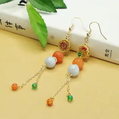 Chinese Style Jade Earrings with Orange & White beads