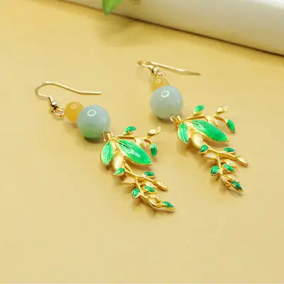 Jade Leaf Earrings for Women Green Jade Ear Hooks