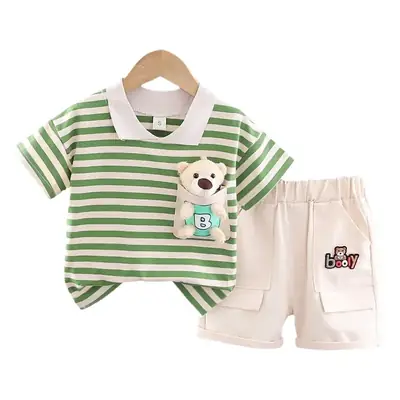 Boys Green Striped Summer Suit Short Sleeve Two Piece