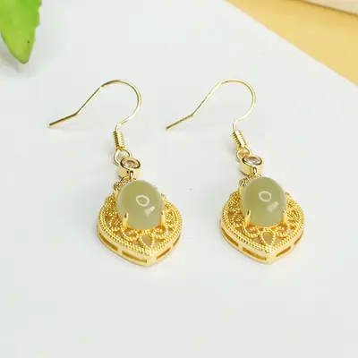 Heart Shaped Jade Earrings Gold Plated Clear Water