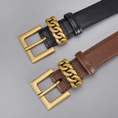 Cross-border Leather Belt with Gold Alloy Buckle