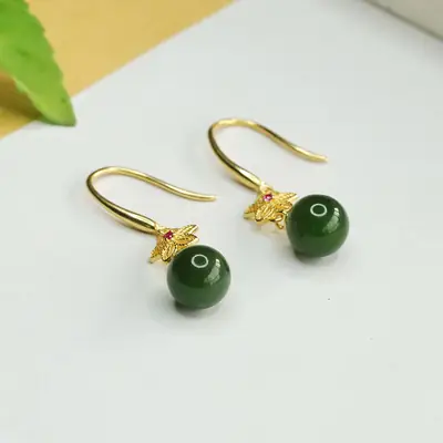 Jade Round Bead Earrings Gold Plated Green Jade
