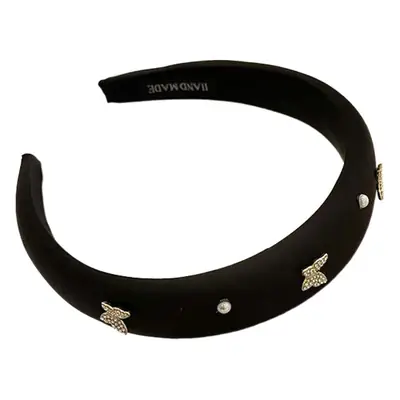 Butterfly Rhinestone Pearl Headband Black Wide Edge