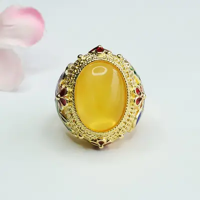 Natural Amber Ring with Gold Plated Design