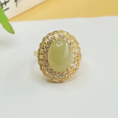 Aiyu Natural Hetian Jade Ring Full Diamond Gold Plated
