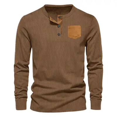 Men's Grey Corduroy Henley T-Shirt with Patch Pocket