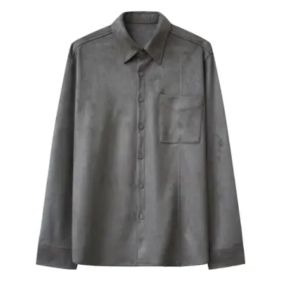 Men Korean Style Suede Long Sleeve Shirt Light Beige