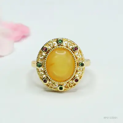 Guan Yu Natural Amber Ring with Red Stones