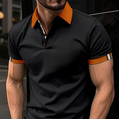Men Blue Polo Shirt Short Sleeve Lapel Casual Fit