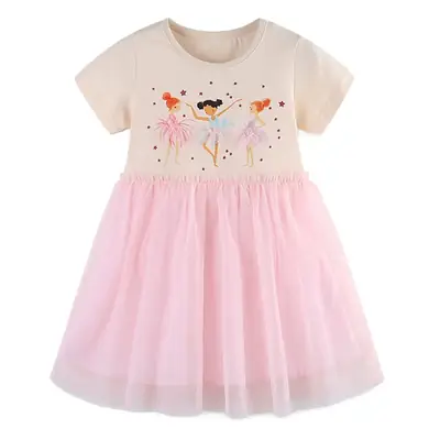 Girls Cartoon Printed Mesh Dress White Pink Princess