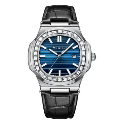 Men's Blue Analog Square Watch with Leather Strap