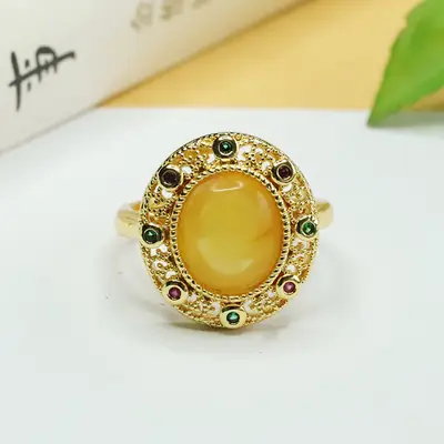 Aiyu Natural Amber Ring for Women Gold Plated