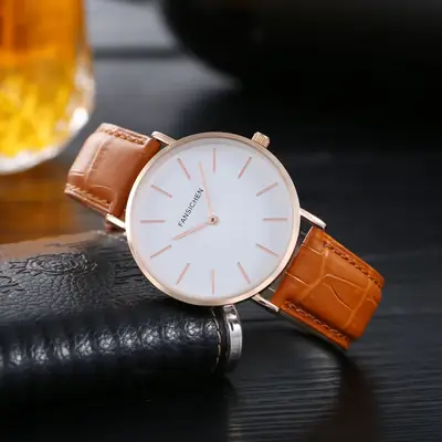 White Quartz Watch with Brown Leather Strap