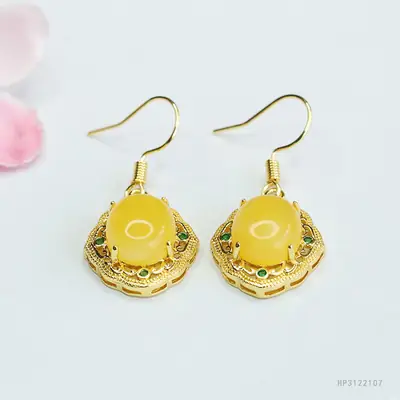 Guan Yu Yellow Amber Drop Earrings Gold Plated