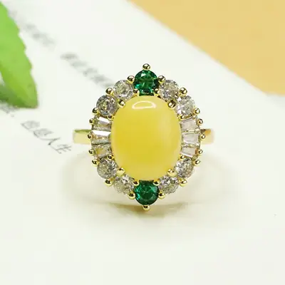 Aiyu Yellow Amber Ring with Green Emeralds