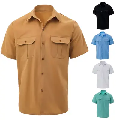 Men's Black Short Sleeve Button Shirt with 2 Pockets