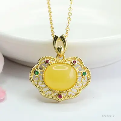 Guan Yu Yellow Amber Pendant Necklace for Women