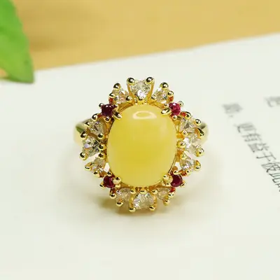 Amyrth Amber Ring with Red Stones Gold Plated