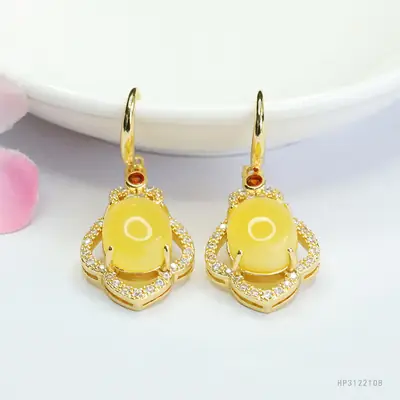 Guan Yu Yellow Amber Drop Earrings Gold Plated