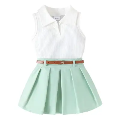 Girls Summer Vest Top & Pleated Skirt Set Yellow Pink