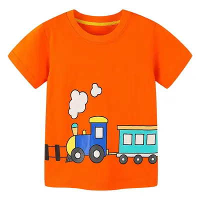 Kids Cartoon Train T-Shirt Orange Round Neck Short Sleeve