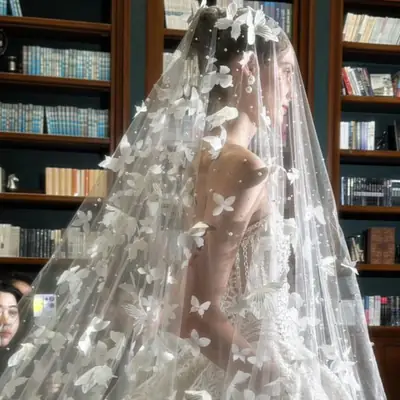 Bridal White Butterfly Veil Dress with Pearls