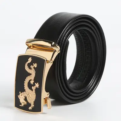 Men's Black Leather Belt with Gold Buckle