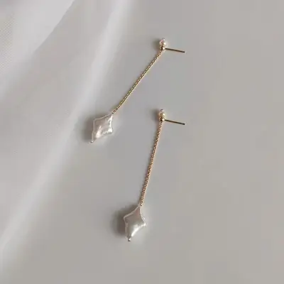Pearl Star Earrings Gold Silver Long 14k