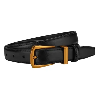 Black Leather Belt with Gold Alloy Buckle for Women