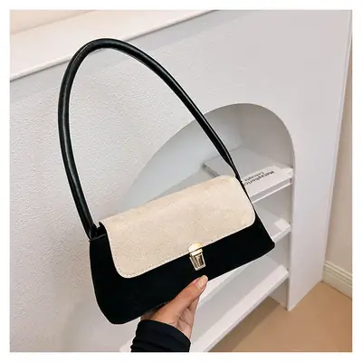 Women's Frosted Shoulder Bag Black Beige Buckle Closure