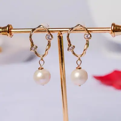 14K Gold Pearl Earrings Unique Geometric Design