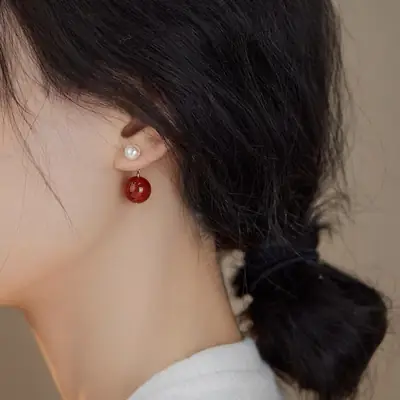 Vintage Red Agate Pearl Earrings 14K Gold