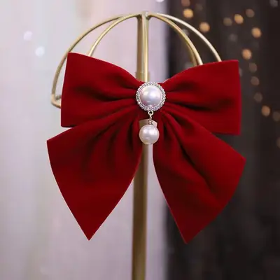 Velvet Spring Clip Bow Red with Pearl Trim