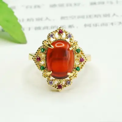 Aiyu Natural Amber Ring Ethnic Style Gold Plated