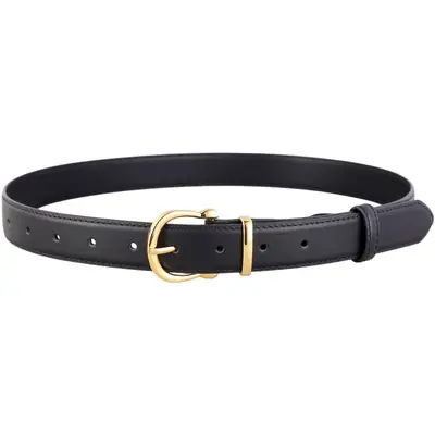 Women's Genuine Leather Belt with Gold Buckle & Pin Detail