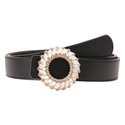 Women's Black Rhinestone Belt with Round Buckle
