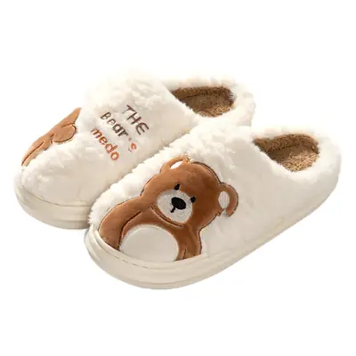 Cute Bear Embroidered Pink Fluffy Slippers Women Winter