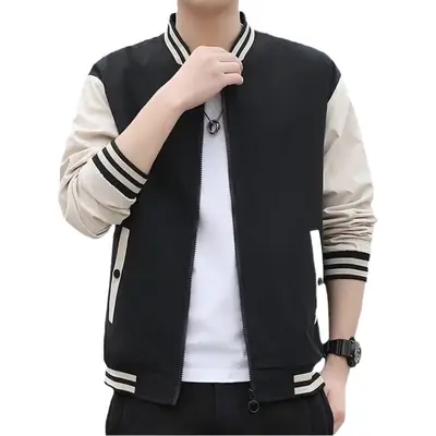 Men's Black Beige Striped Zipper Jacket with Baseball Collar