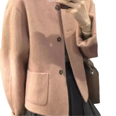 Pink Woolen Women's Coat 2023 Winter Short